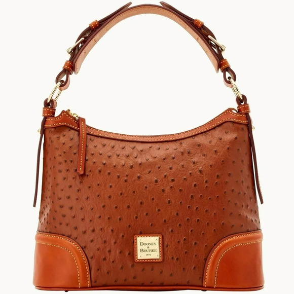 Dooney & Bourke Ostrich Hobo Shoulder Bag Brown Leather Gold Hardware Pockets - Picture 1 of 16
